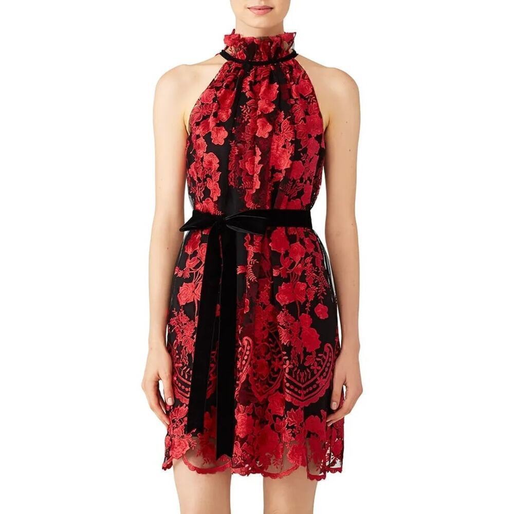 Alexia Admor Dress Sleeveless Rose Embroidered Lace Scallop Hem Shift Mini Red S